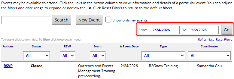 Events page with date range filters and search options to narrow upcoming and past events.