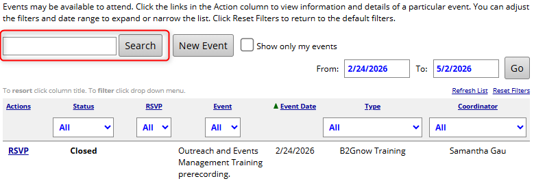 Events page with search field in the top left to narrow list events.
