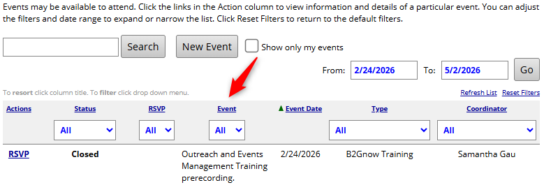 Events page with column filters for event names to narrow the list.