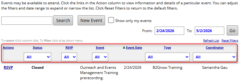 Events page with column dropdown filters for status, RSVP, event name, type, and coordinator to refine the event list.