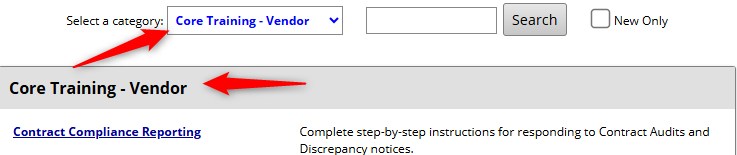 Training resources page with category dropdown set to Core Training – Vendor and link to Contract Compliance Reporting guide.