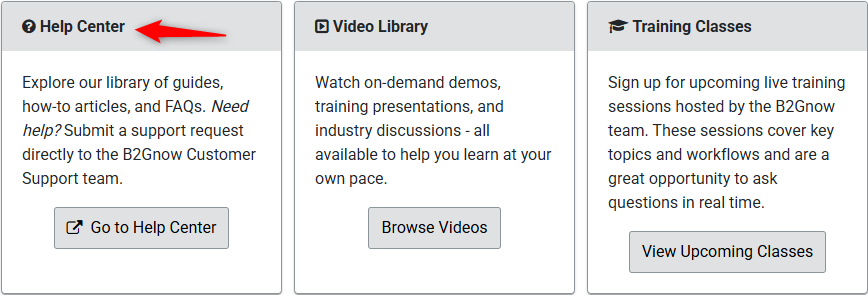 Resource Center page with an arrow pointing at the Help Center to access support, articles and training programs.