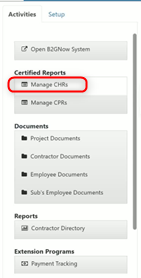 Navigation menu showing Certified Reports section with options to manage CHRs.