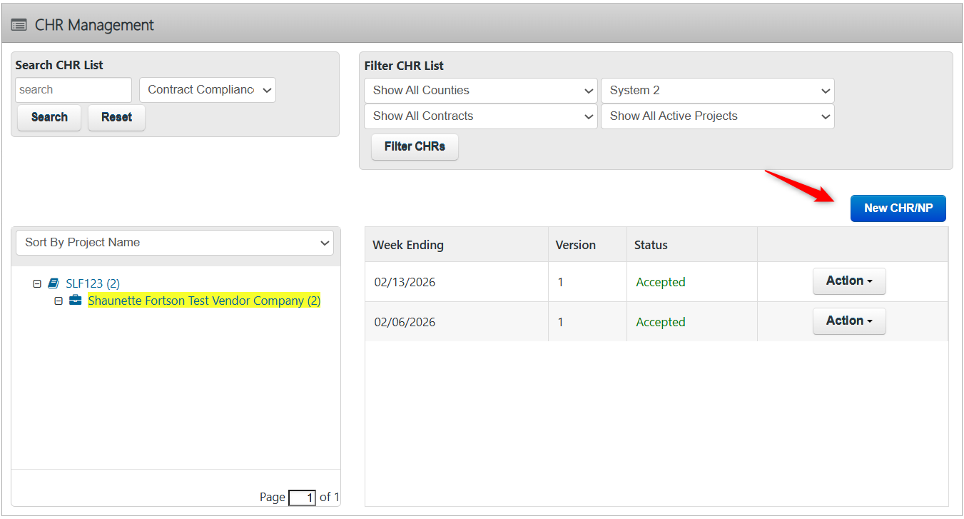 CPR Management dashboard to search and filter CPRs, select a vendor, and view payroll records with status and action options highlighting New CPR.