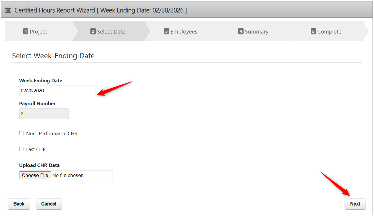Certified Hours Report wizard to enter the week-ending date and payroll number before continuing to employee entry.