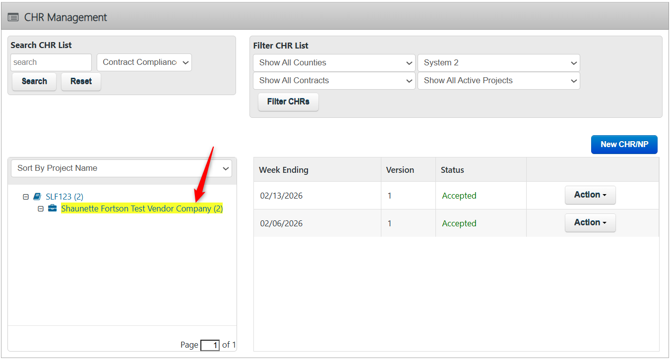 CPR Management dashboard to search and filter CPRs, select a vendor, and view payroll records with status and action options highlighting the companies name.