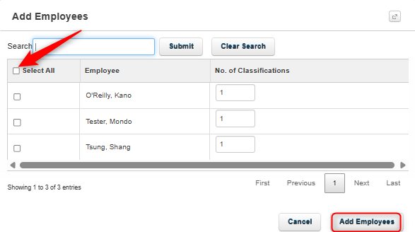 Add Employees window to search and select workers, then click “Add Employees” to include them in the report.