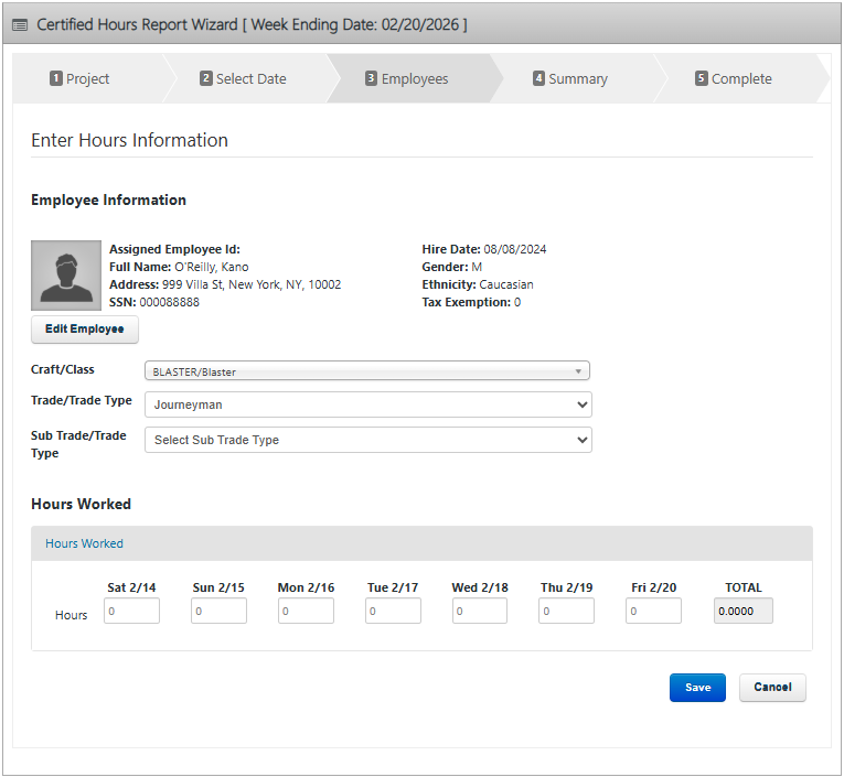 Certified Hours Report screen to review employee details and enter hours worked for each day before saving the report.