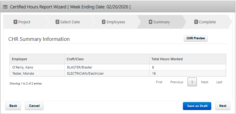 CHR Summary screen listing employees and total hours worked; review entries and continue to submit the report.