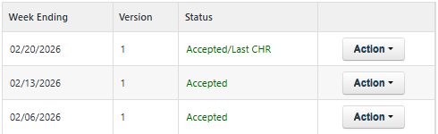 CHR list showing week-ending dates, version numbers, and accepted status; use Action menu to manage each report.