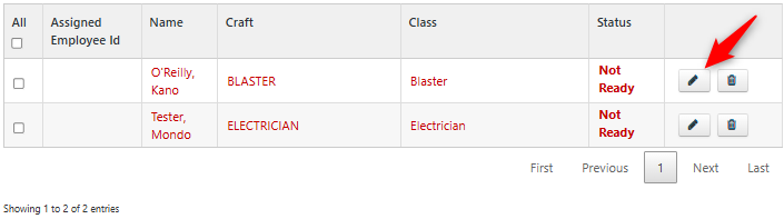Employee list showing names, craft, class, and status; use edit button to update employee details before submission.