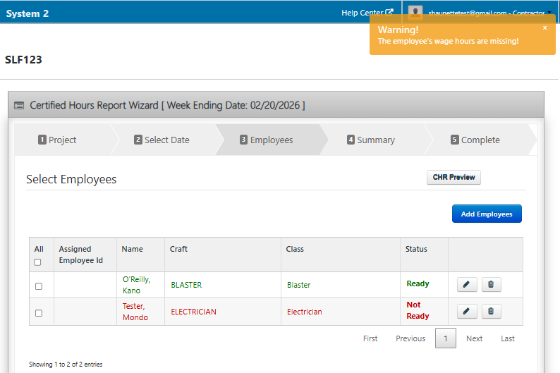 Certified Hours Report wizard to select employees, review status, and add or edit employee records before continuing.