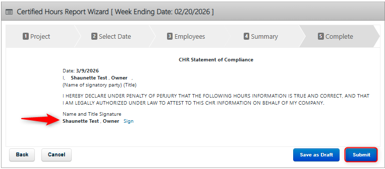 CHR Statement of Compliance screen to review declaration, sign as the authorized user, and submit the report.