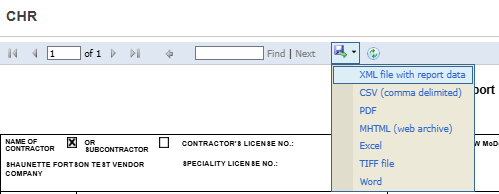 CHR report viewer export menu with options to download the report in XML, CSV, PDF, Excel, TIFF, Word, or MHTML format.