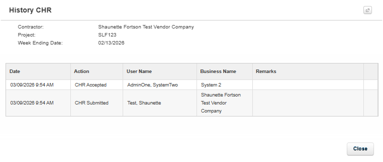 CHR History screen showing a list of submitted and accepted records for the selected week-ending report.