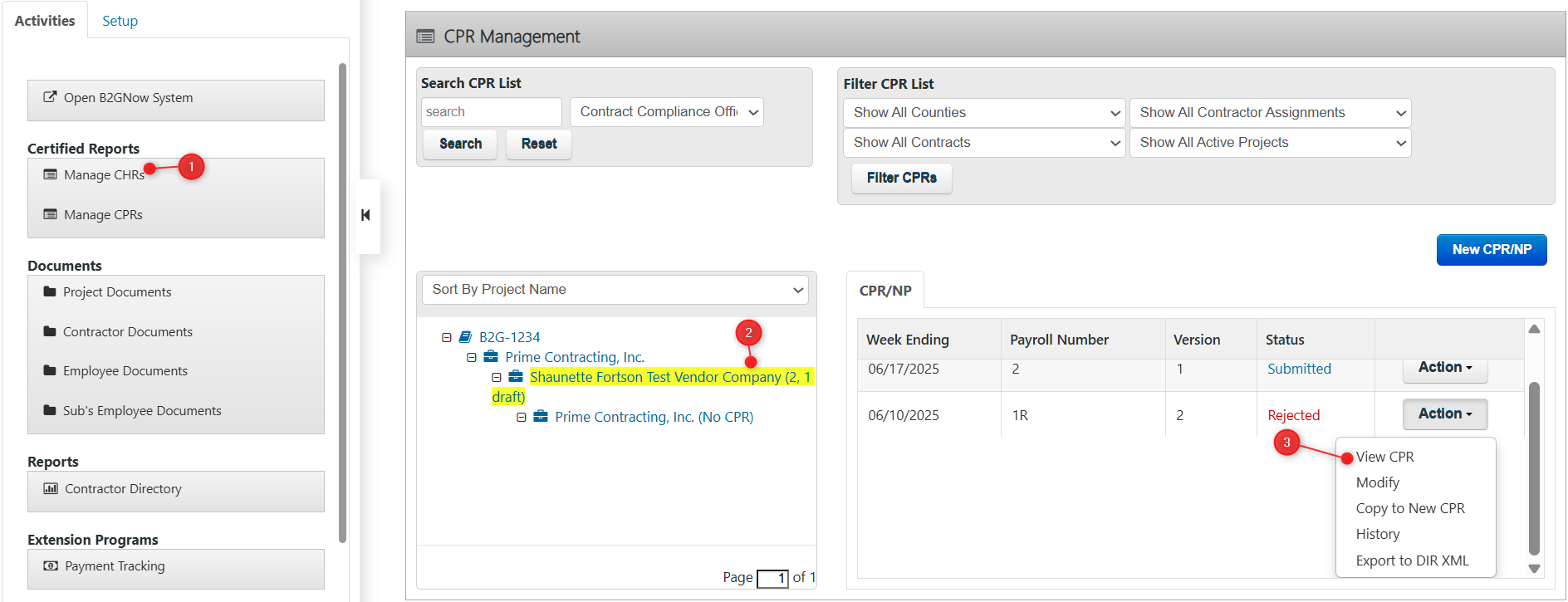 CHR Management screen listing weekly reports; open the Action menu to view a CHR.