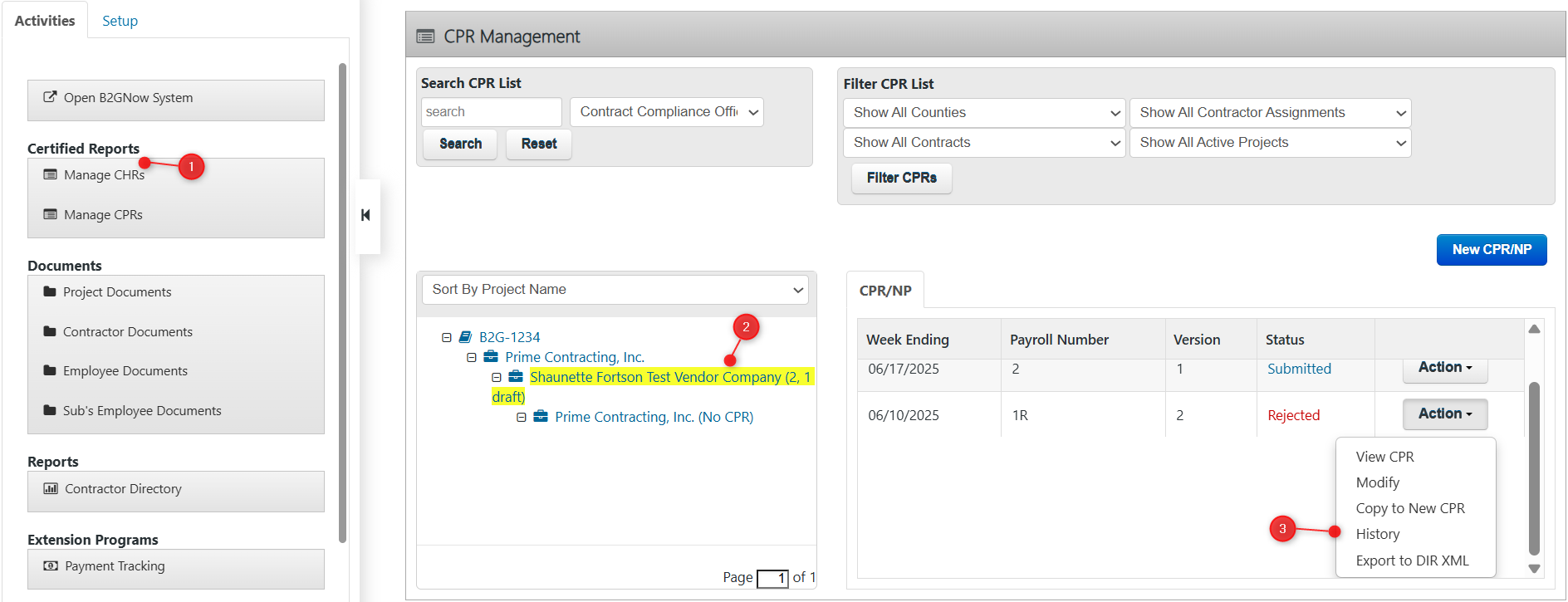 CHR Management screen listing weekly reports; open the Action menu to view its history for the selected week.