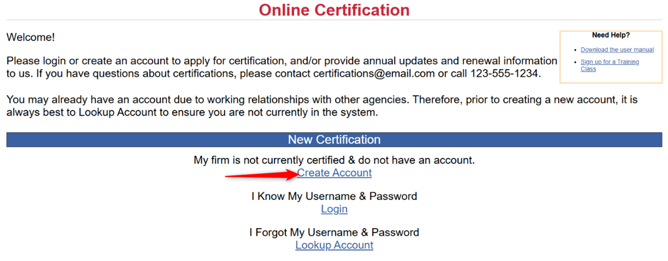 Create a new certification account or log in, with options to recover account details or access help resources.