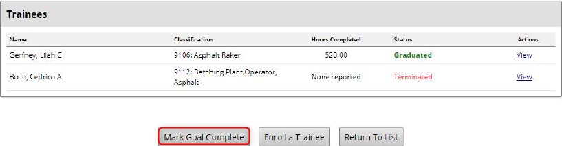 View trainee list with status, completed hours, and access actions to view details or manage training records.