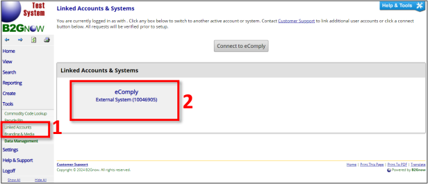 View linked accounts and systems and select an external system or connect to eComply for account integration.