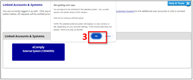 Confirm switch to the selected external system by selecting OK to continue or Cancel to stay on the current page.
