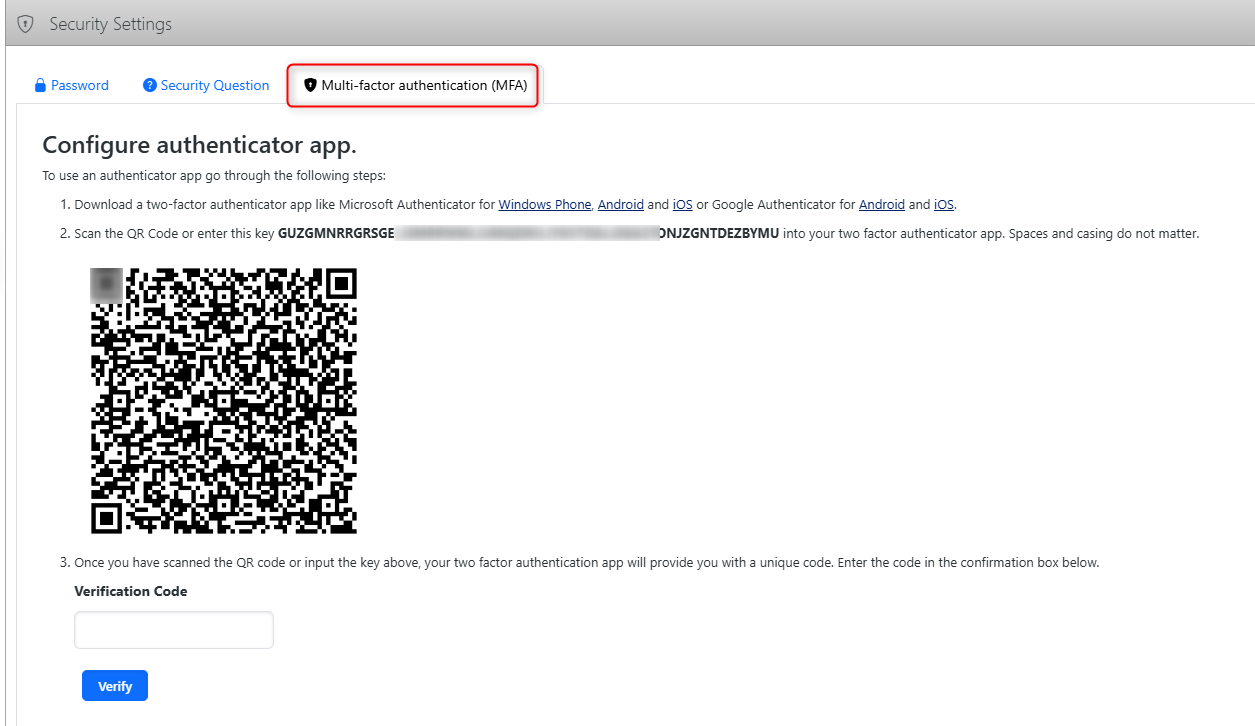 Security Settings – Multi-factor Authentication (MFA) page for configuring an authenticator app; scan the QR code or enter the verification code to complete MFA setup.