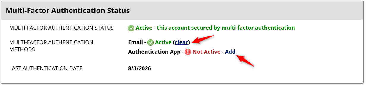Multi-Factor Authentication Status section showing active status and options to add or update multi-factor authentication methods; arrows highlight the ‘Add’ link and the ‘clear’ link. 