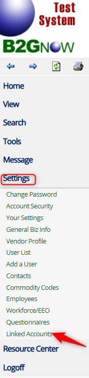 Settings menu showing account management options; arrow highlights Linked Accounts for accessing connected accounts.