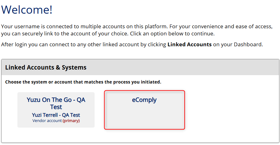 Welcome page showing linked accounts and systems with eComply selected.