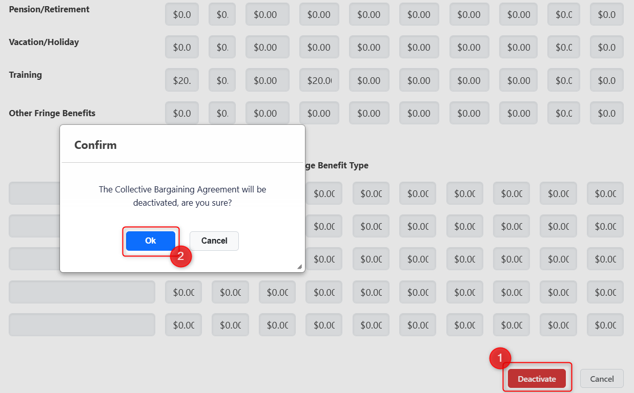 Collective Bargaining Agreement Screen with the Deactivate button highlighted and the OK button highlighted on the confirmation modal.