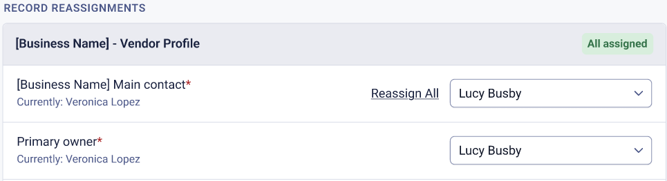 Record Reassignments section showing all required records assigned to Lucy Busby. The section displays an All assigned status and a Reassign All option.