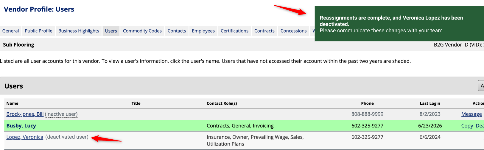 Vendor Profile Users page showing confirmation that Veronica Lopez has been deactivated. Red arrows point to the confirmation message and to her name in the Users list, where she is labeled deactivated user.