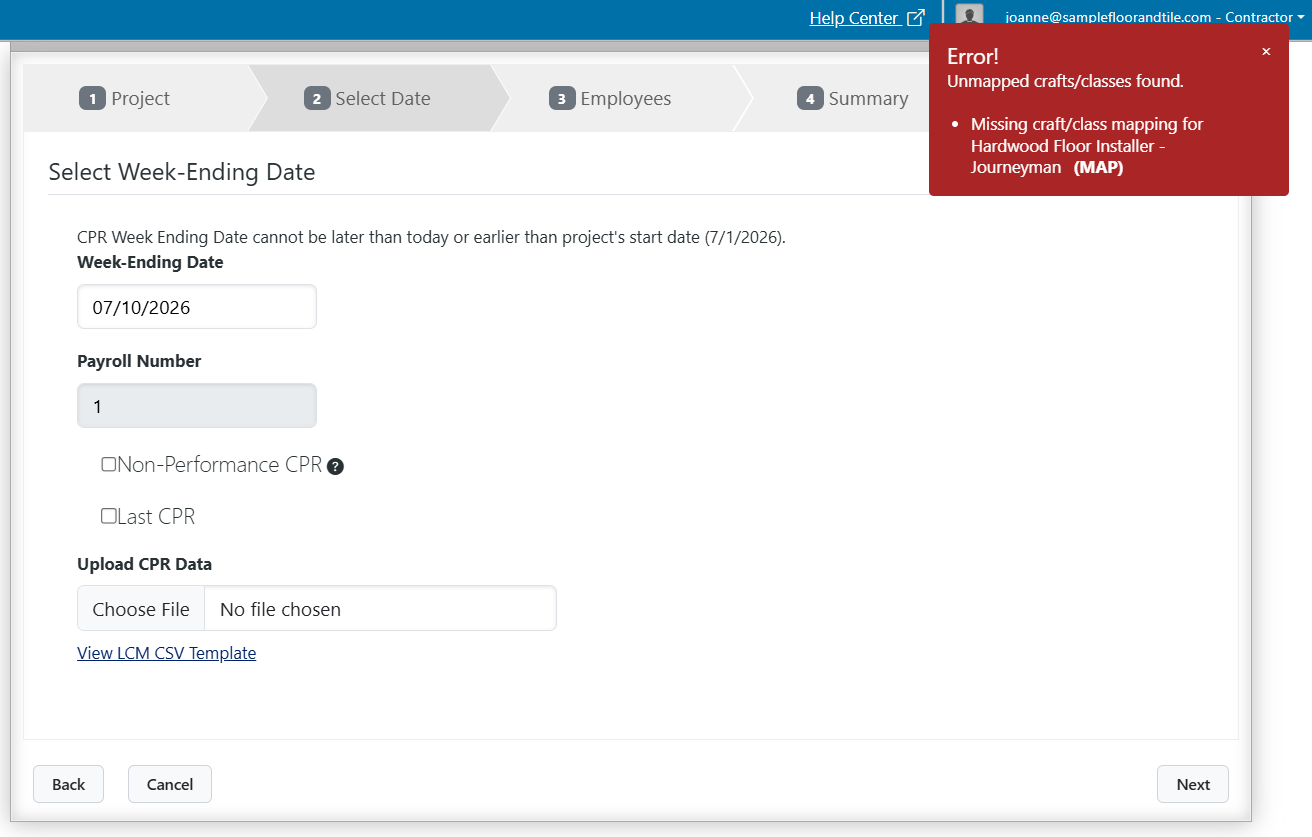 Certified Payroll Report Wizard page to select week-ending date, enter payroll details, upload CPR data, and review mapping errors.