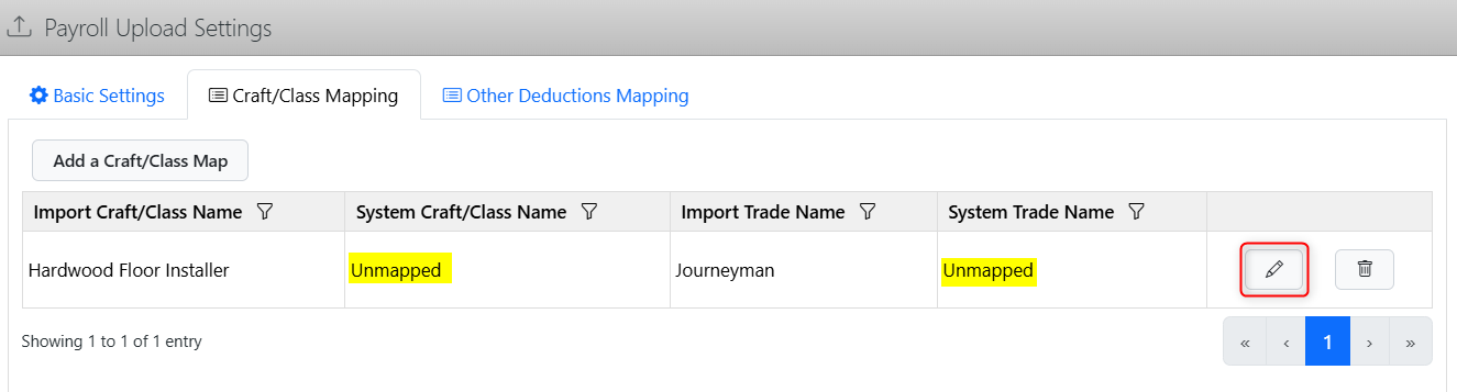 Payroll Upload Settings showing Craft/Class Mapping table with unmapped crafts and trades, allowing users to review and update mappings.