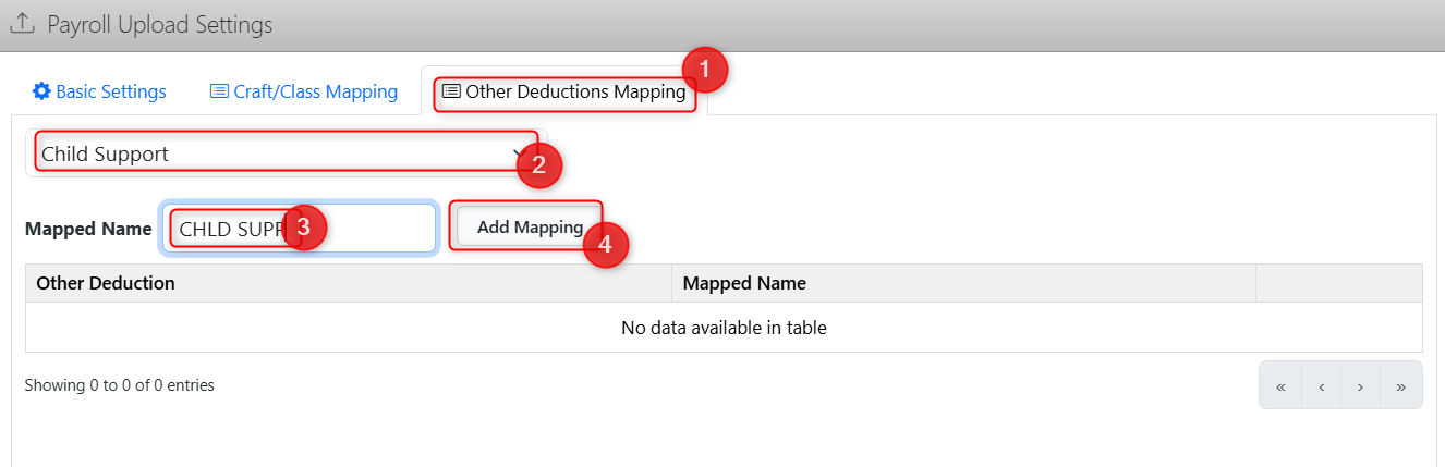 Payroll Upload Settings page showing Other Deductions Mapping, where users select a deduction type and add or review mapped names.