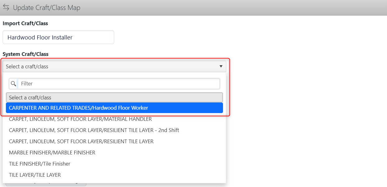 Update Craft/Class Map form allowing users to select a system craft/class from a dropdown and submit the mapping.