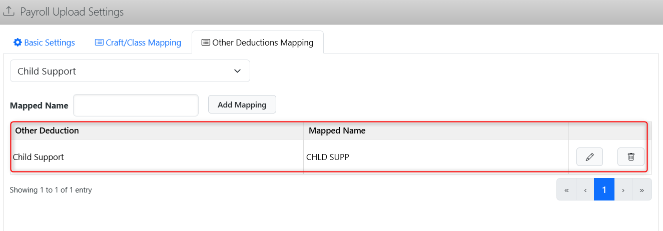 Payroll Upload Settings page showing completed Other Deductions Mapping