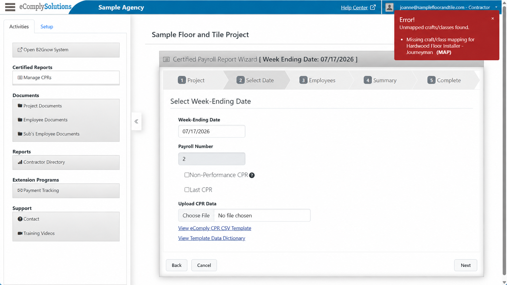 Certified Payroll Report Wizard page to select week-ending date, enter payroll details, upload CPR data, and review mapping errors.